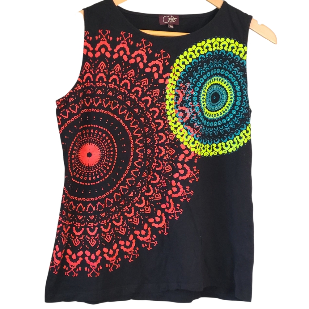 Coline Black Cotton Tank Top with Mandala Design XXL Artsy Boho Hippie